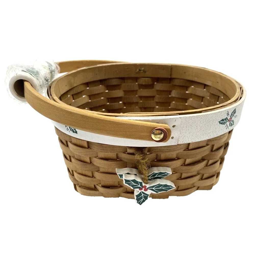 Wooden Woven Holiday Christmas Oval Baskets Porcelain Handle & Holly Leaves NEW